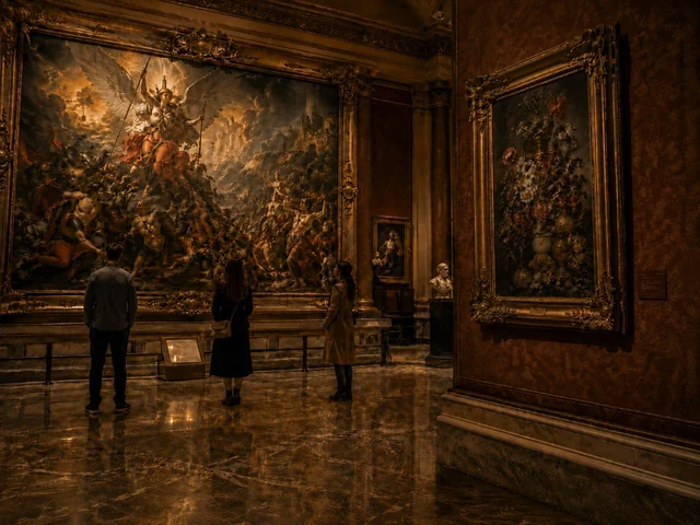 A dimly lit classical museum gallery with ornate wooden walls, polished marble floors, three visitors, a monumental battle painting and an elaborate still-life artwork in a gilded frame.