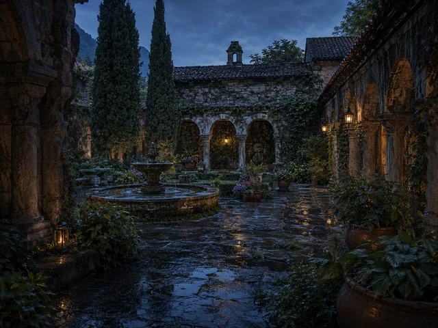 A moody stone cloister courtyard at dusk after rainfall, with a central fountain, tall cypress trees, ivy-covered arches, potted flowers, glowing lanterns, and wet reflective paving stones.
